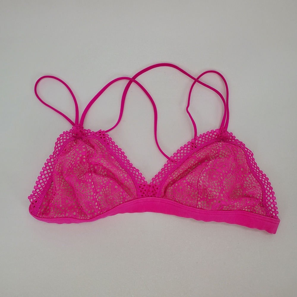 Victoria's Secret Neon Pink Lace Mesh Strappy Bikini Top Bralette Medium